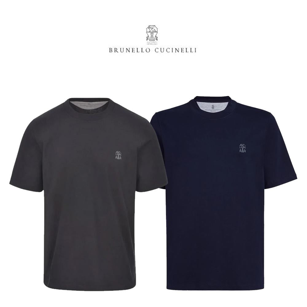 Brunello Cucinelli Logo Cotton Jersey Crewneck T-Shirt Navy Black