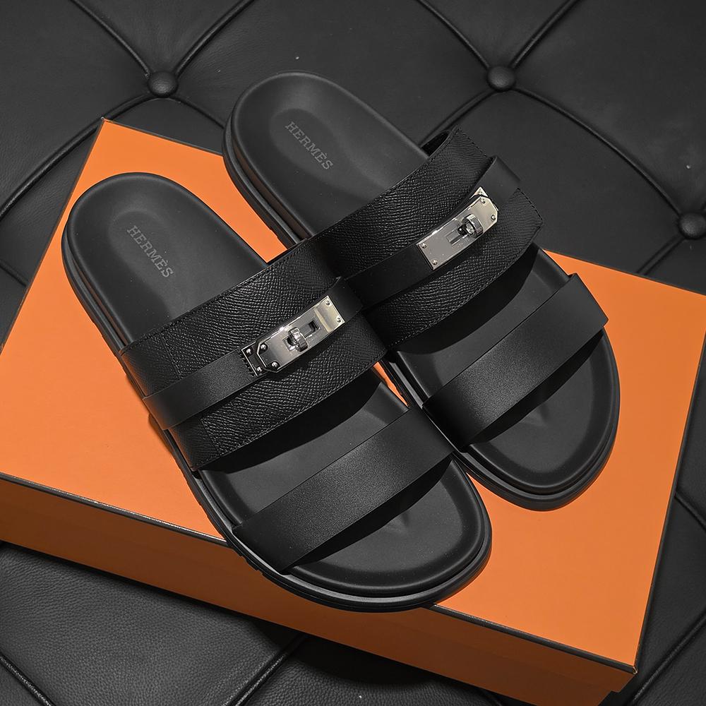 HERMES Men’s Jackson Slides Epsom Calfskin Black Silver-Tone Hardware