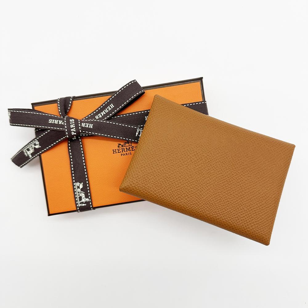 HERMES Calvi Duo Card Holder Gold Leather Card Wallet