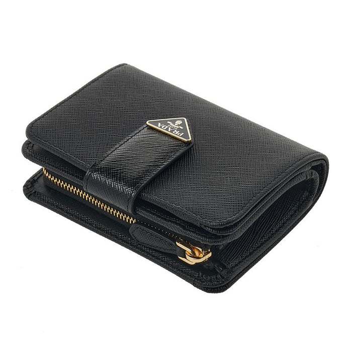 PRADA Women’s Black Leather Bi-Fold Wallet with Triangle Metal Logo