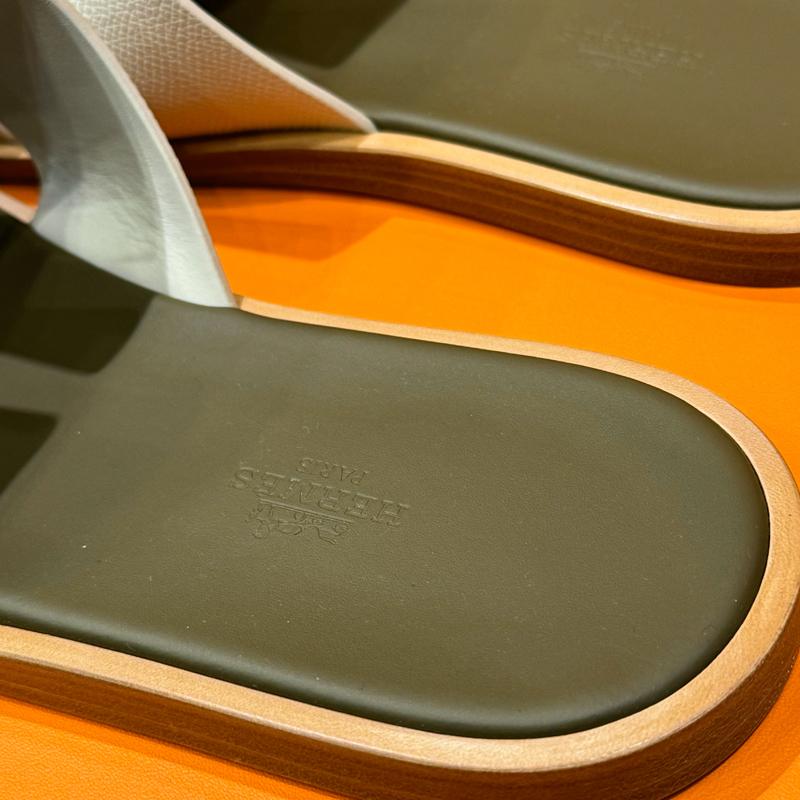 HERMES Izmir Sandals Epsom Calfskin Khaki Beige Men's Slippers