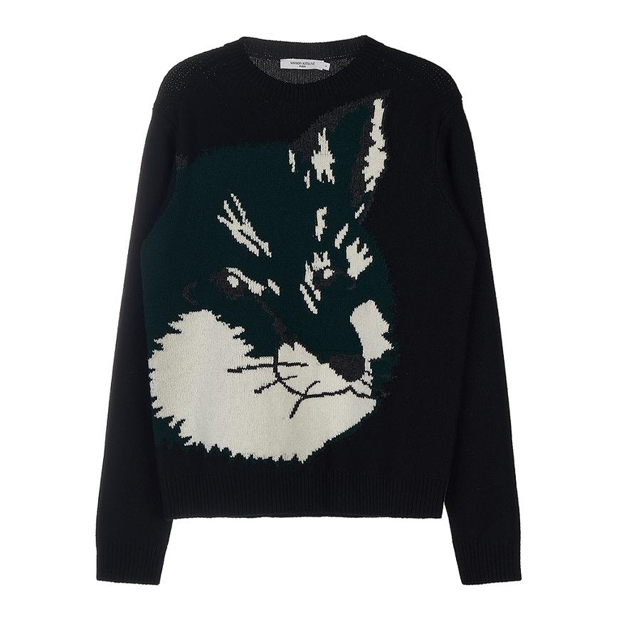 Maison Kitsune Fox Head Crewneck Knit Sweater for Men JM00527KT1006 BK