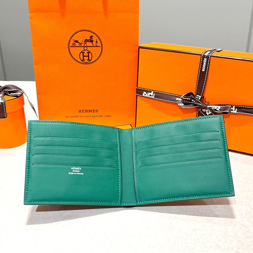 HERMES Citizen Twill Compact Wallet Evercolor Green with Blue Lining