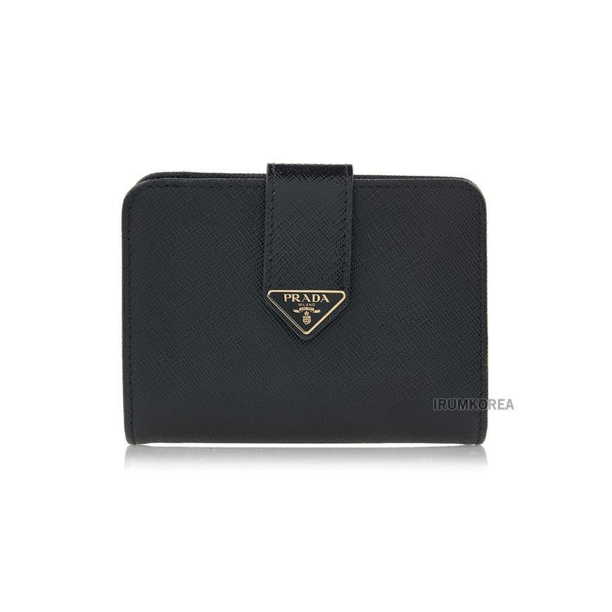 PRADA Women’s Black Leather Bi-Fold Wallet with Triangle Metal Logo