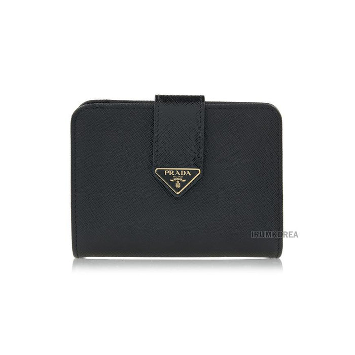 PRADA Women’s Black Leather Bi-Fold Wallet with Triangle Metal Logo