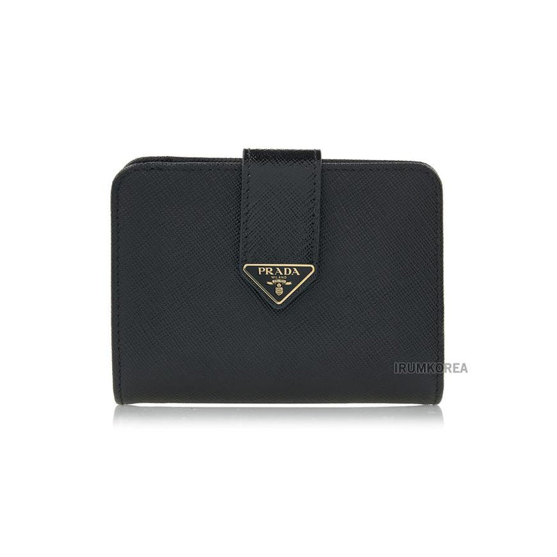 PRADA Women’s Black Leather Bi-Fold Wallet with Triangle Metal Logo