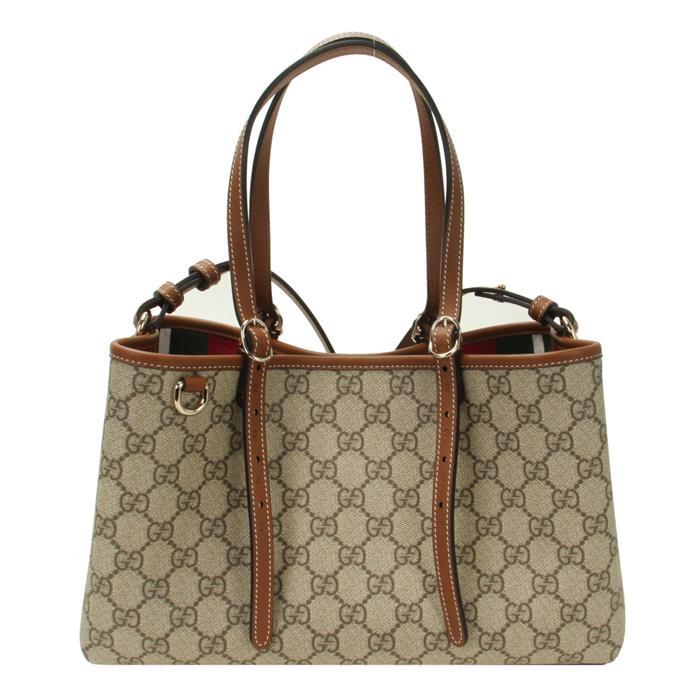GUCCI GG Emblem Medium Tote Bag Beige Brown Leather Handbag