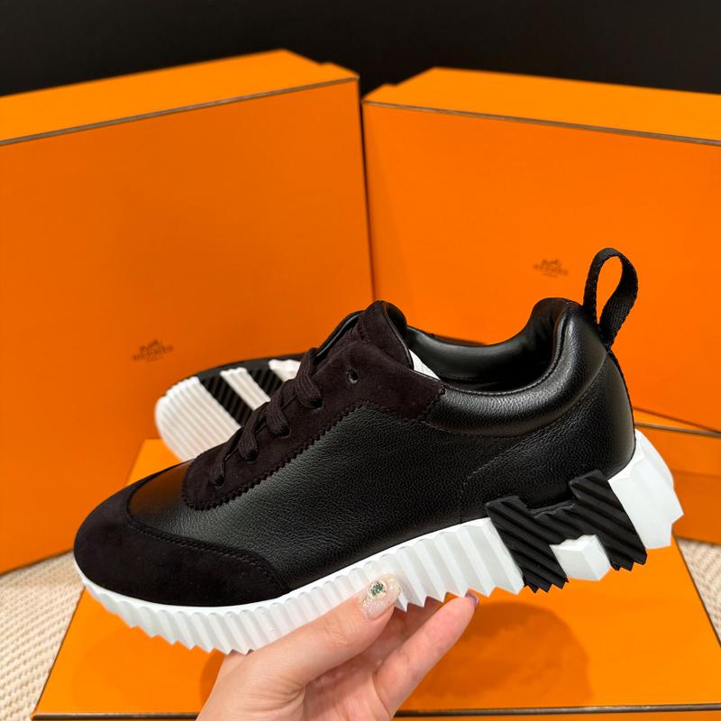 HERMES Black Goatskin Leather H Logo Low-Top Sneakers for Women