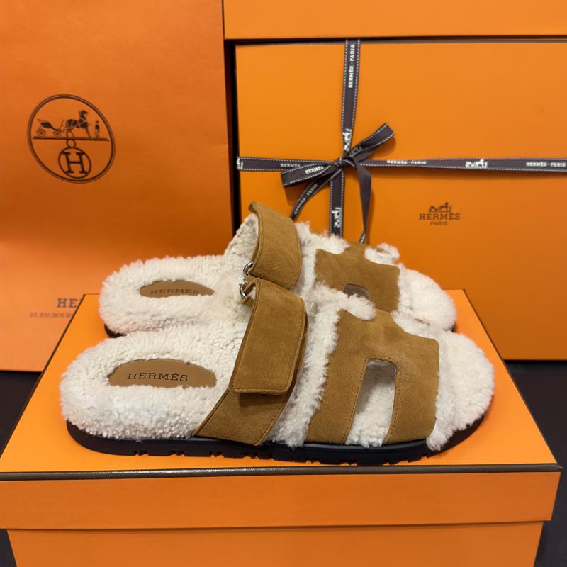 HERMES Shearling Chypre Sandals Suede Goatskin Woolskin Natural Ecru Women