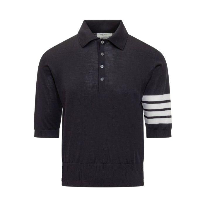 THOM BROWNE Fine Merino Wool Short Sleeve Polo T-Shirt Navy
