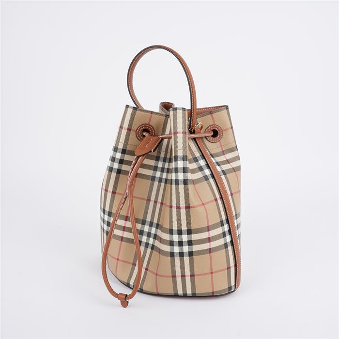 BURBERRY Small Check Leather Drawstring Bucket Bag