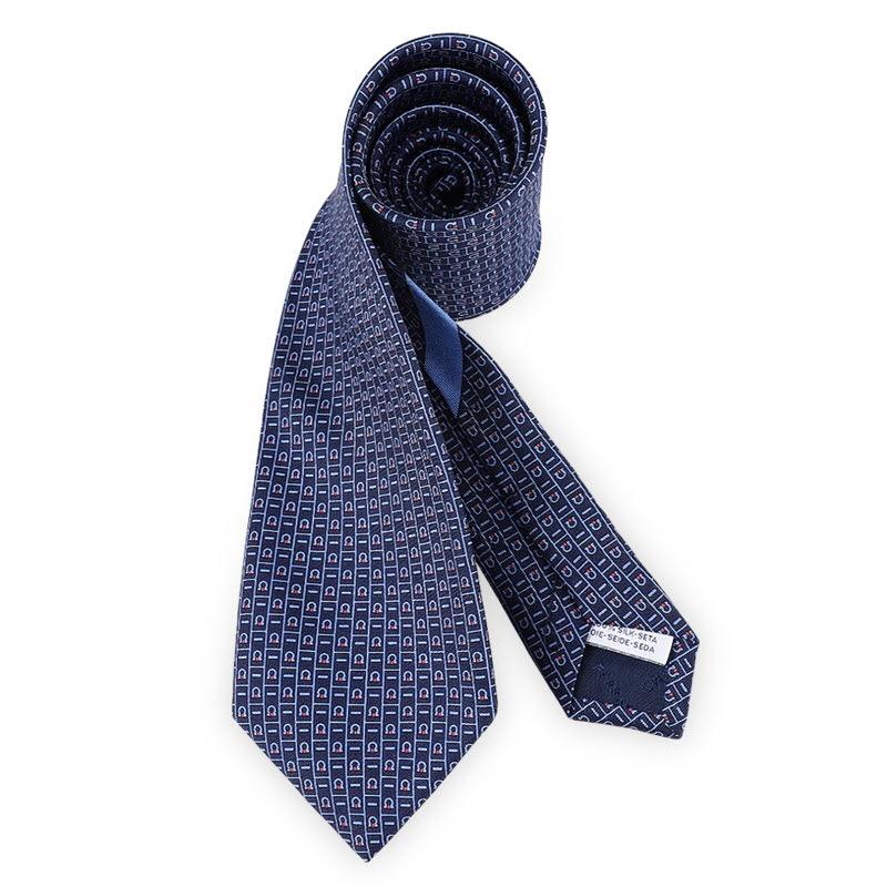 Ferragamo Men’s Monogram Print Silk Tie Navy 350997 774227
