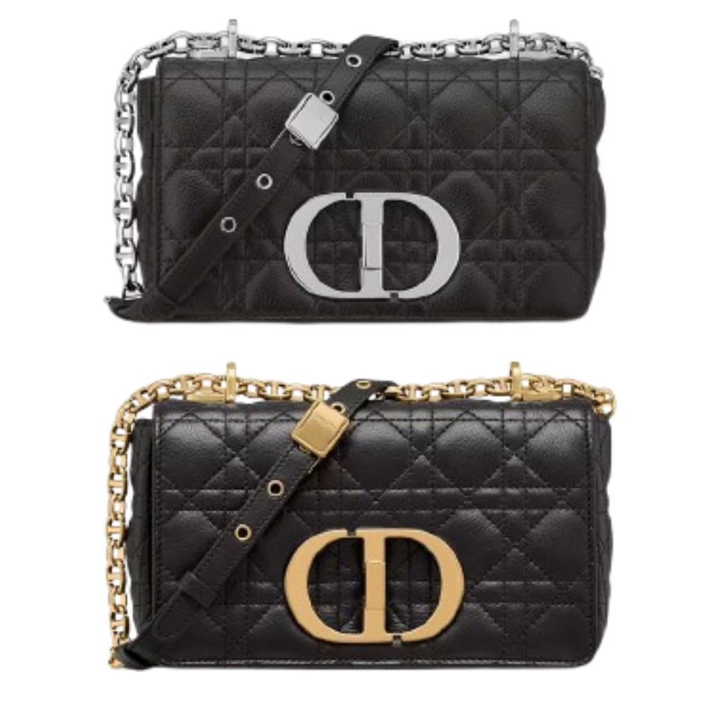 DIOR Black Cannage Leather Small Caro Shoulder Bag Gold/Silver Hardware