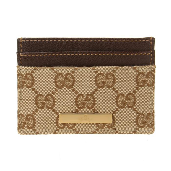 GUCCI Plaque Card Case Leather Wallet Beige Brown