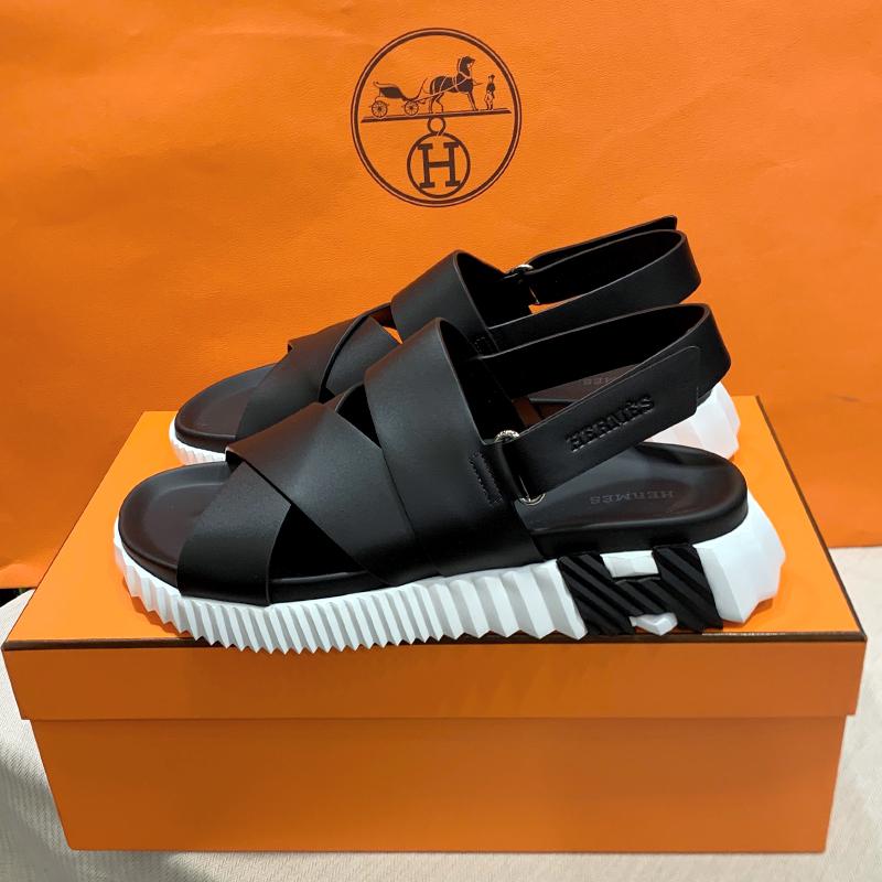 HERMES Black White Calfskin Electric H Logo Slide Sandals Men