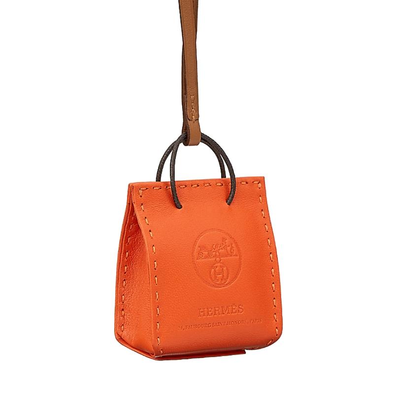 HERMES Orange Brown Gold Charm Calfskin Bag Charm Unisex Accessory