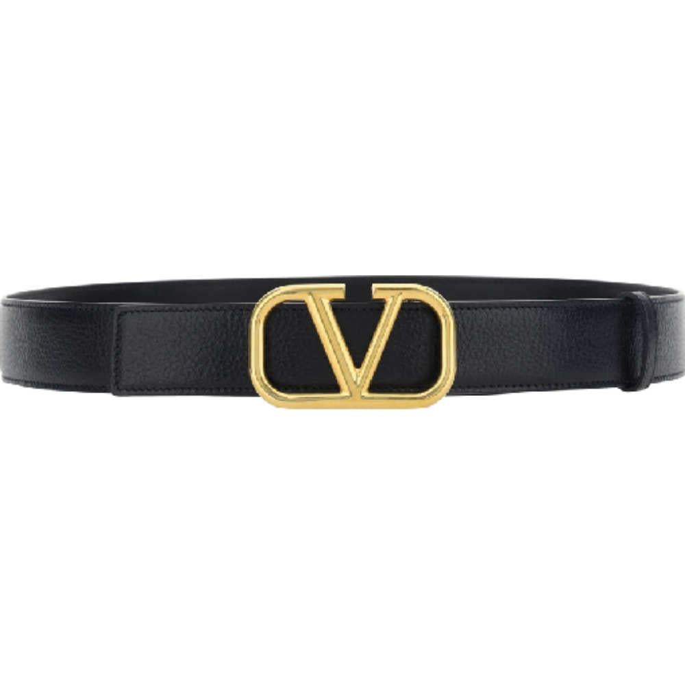 VALENTINO V Logo Gold-Tone Black Leather Men's Belt 3Y2T0S98 EET 0NO