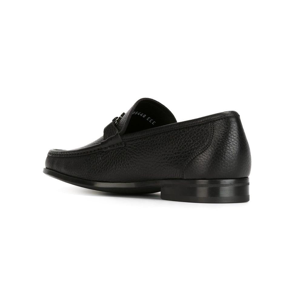 Ferragamo Black Leather Grandioso Double Gancini Loafers Silver-Tone 0642848