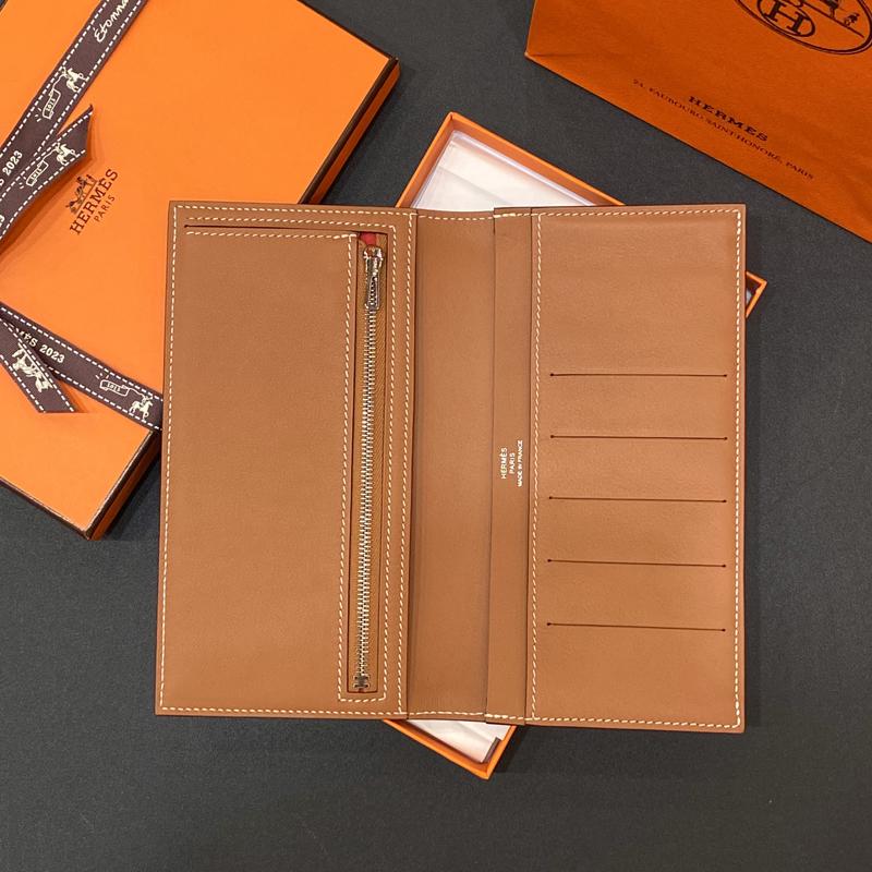 HERMES Gold Brown Calfskin Citizen Twill Long Wallet Unisex
