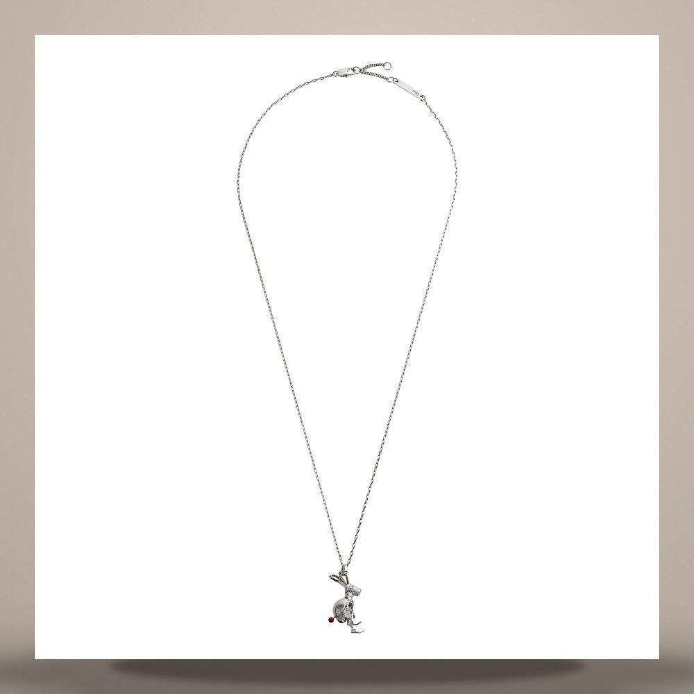 DIOR Couture Charm Rabbit Pendant Necklace Silver Red Lacquer N3781HOMST D997