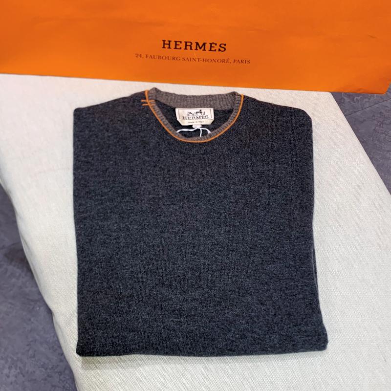 HERMES Charcoal Cashmere Sleeve Crewneck Knit Sweater for Men