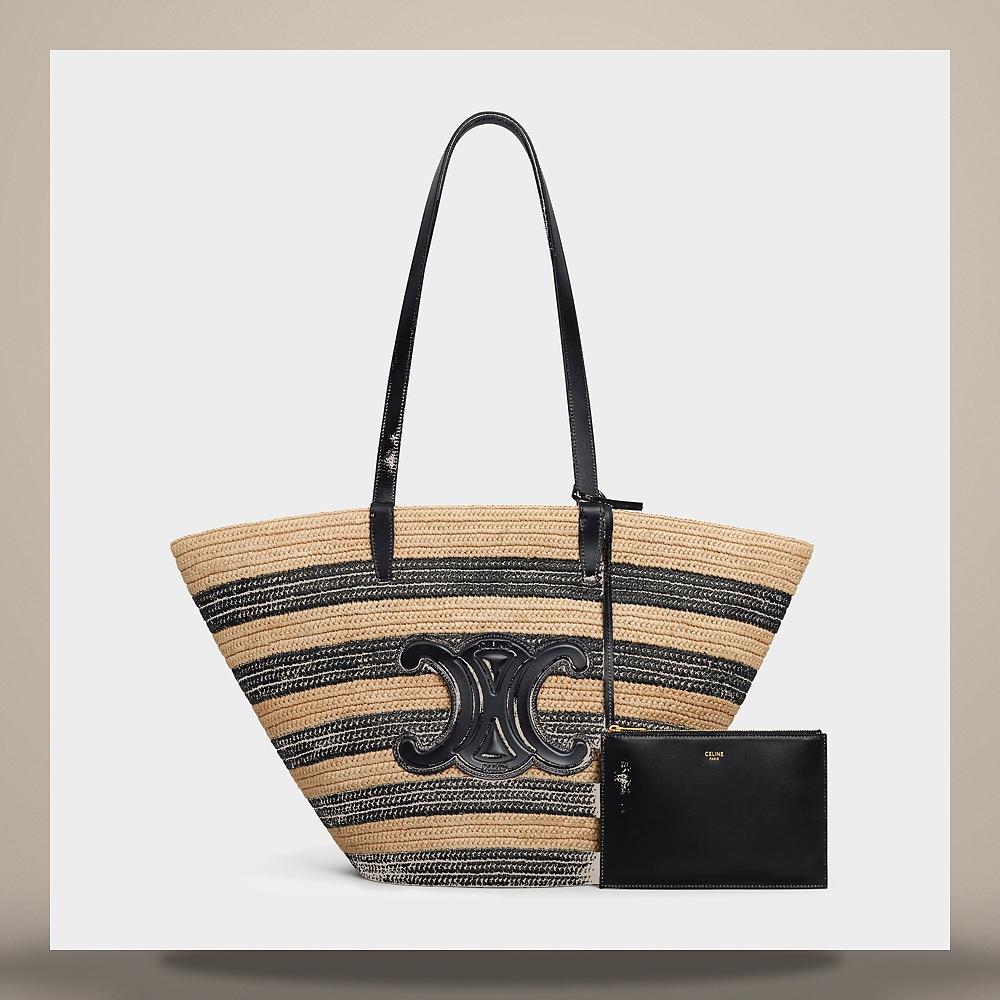 CELINE Stripe Coffin Classic Panier Raffia Calfskin Tote Natural 117082FWD 02NC