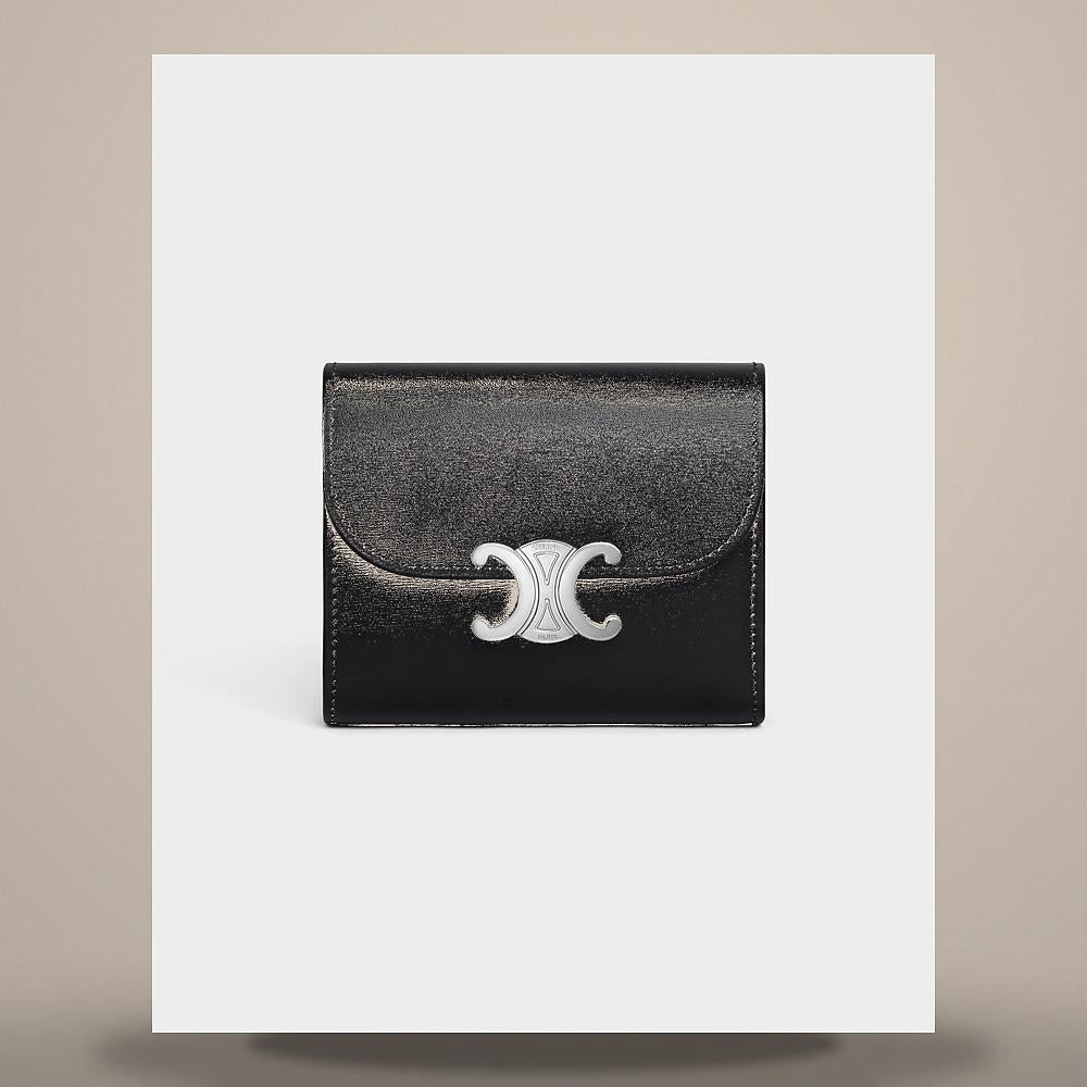 CELINE Triomphe Charm Compact Wallet Grained Calfskin Black Card Holder