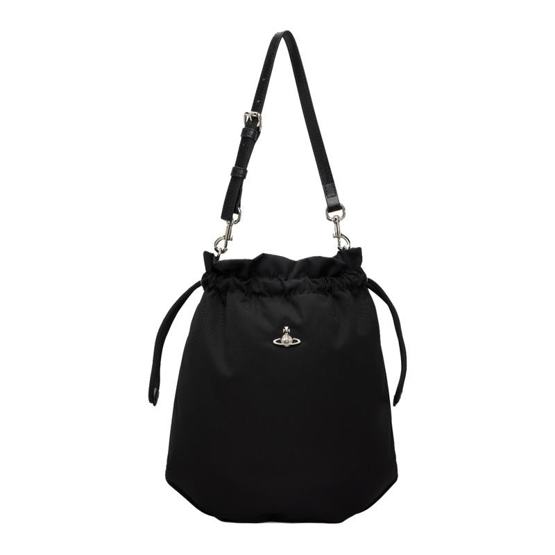 Vivienne Westwood Drawstring Pouch Bucket Shoulder Bag Black Leather
