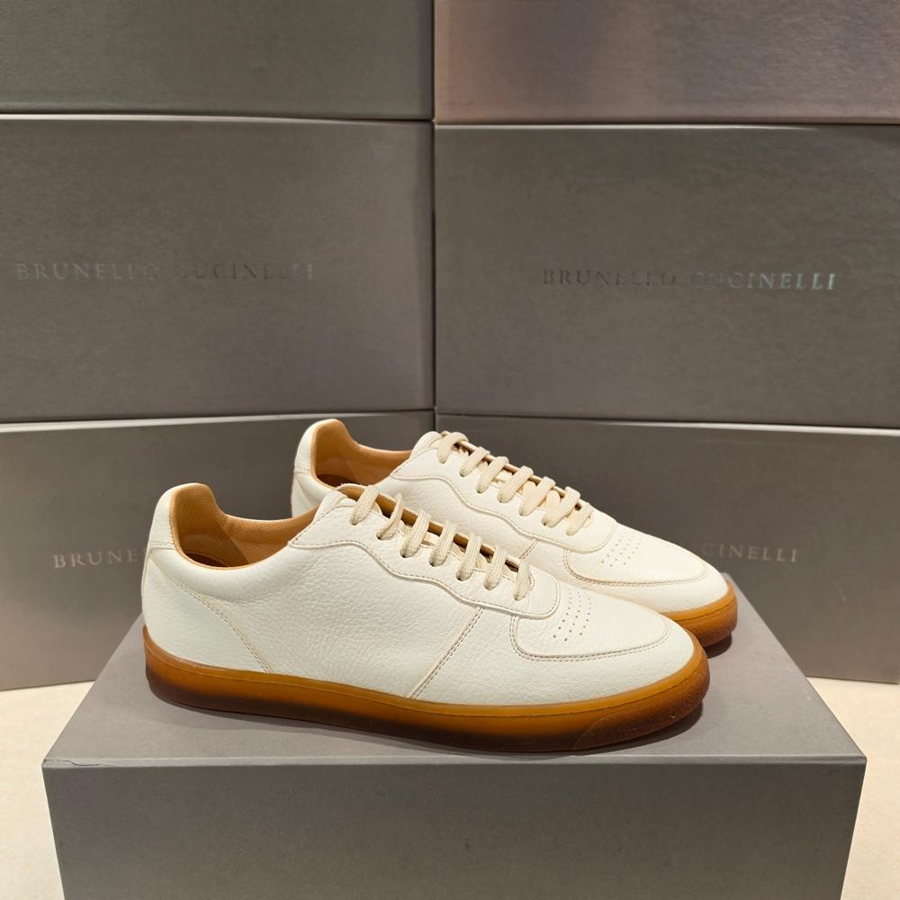 Brunello Cucinelli Ivory Leather Low-Top Sneakers with Rubber Sole