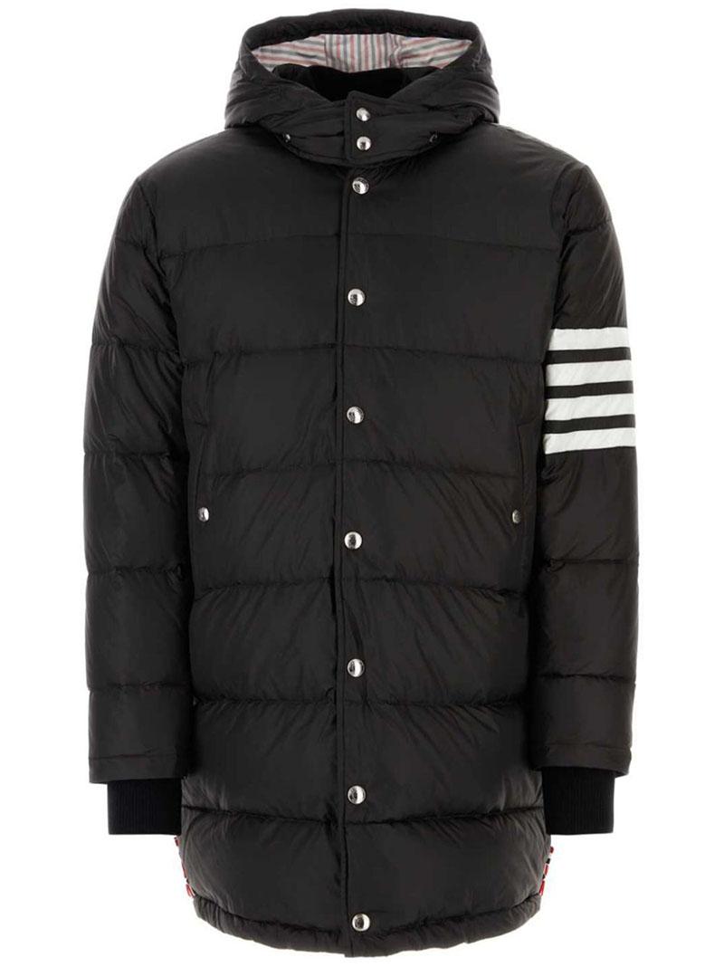 THOM BROWNE Black Down Hooded Long Puffer Coat with Stripes