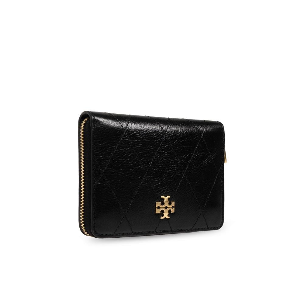 Tory Burch Charlie Quilted Zip Card Wallet Black Leather