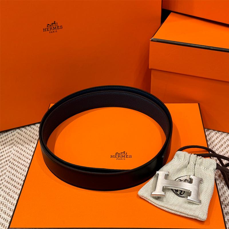 HERMES Reversible Black/Navy Leather Belt with Silver H Buckle