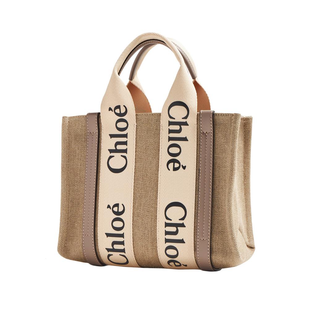 Chloe Woody Small Tote Shoulder Bag Musk Gray Canvas Leather CHC22AS397 I26 00O