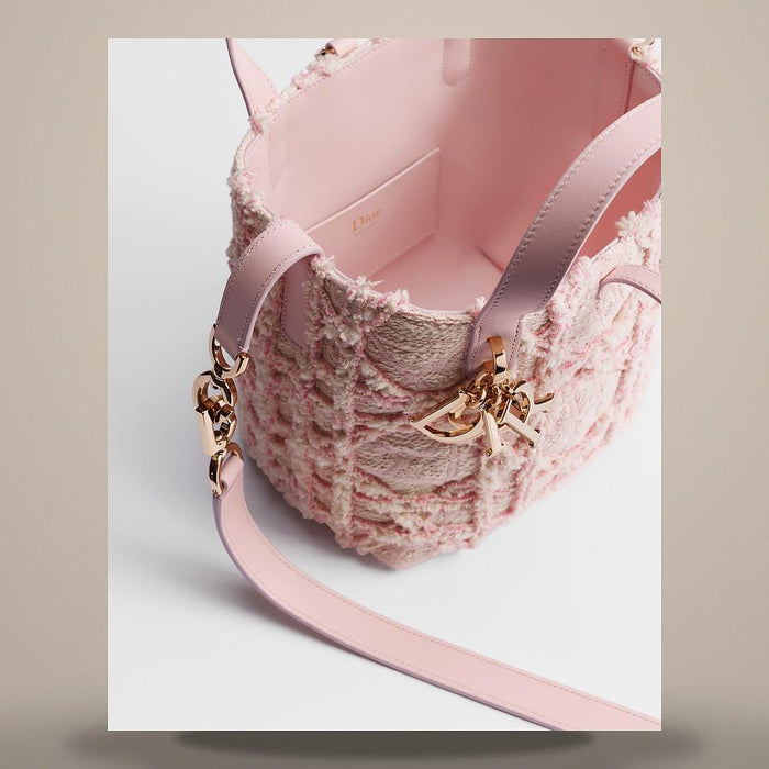 DIOR Pale Pink Latte Fluffy Cannage Fabric Small Vertical Tote Bag