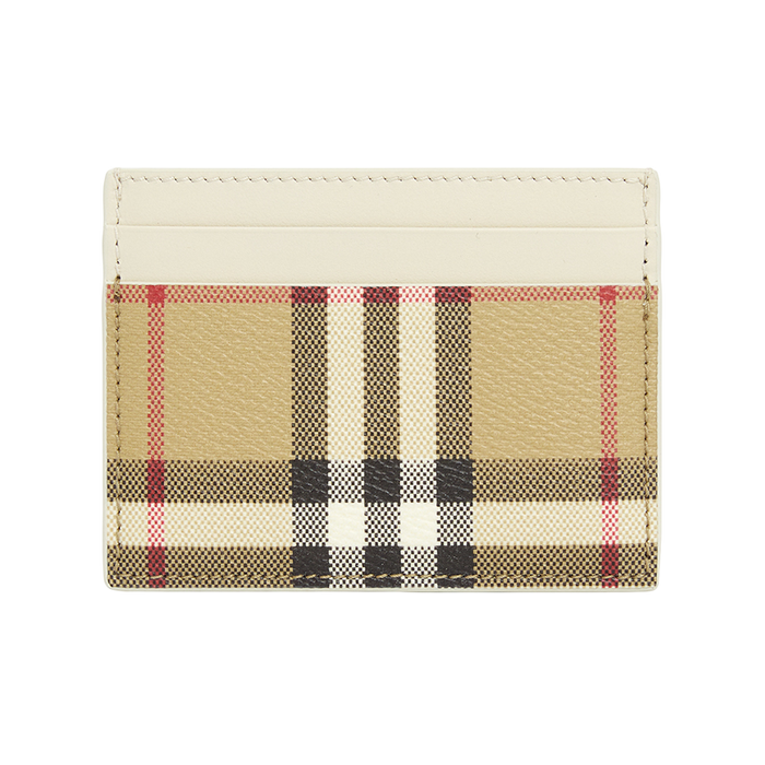 BURBERRY Check Card Holder Soft Beige Leather Card Wallet Unisex