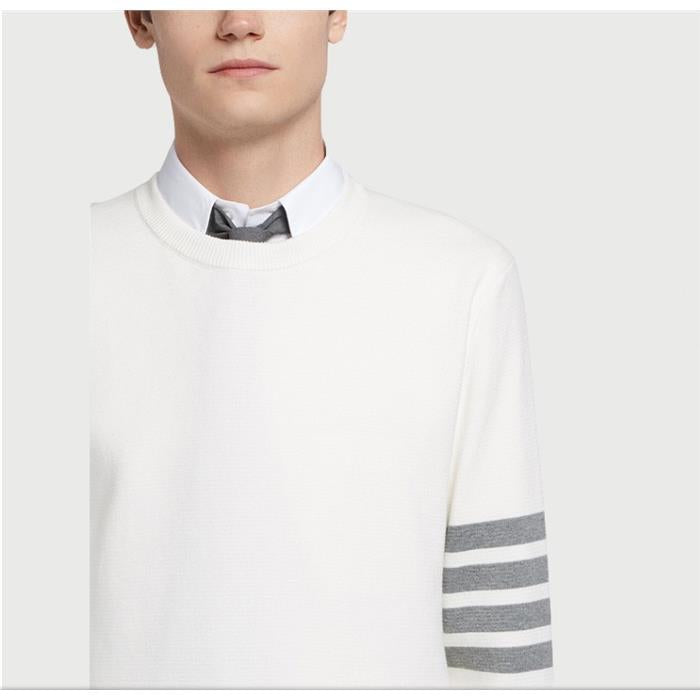 THOM BROWNE 4-Bar White Round Neck Knit Sweater MKA202A 00219 100