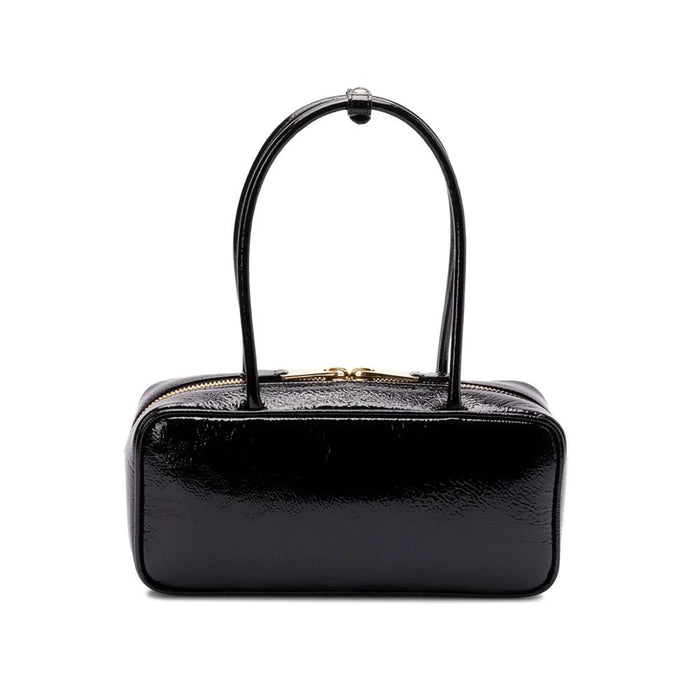 Miu Miu Black Patent Leather Top Handle Tote with Gold Logo