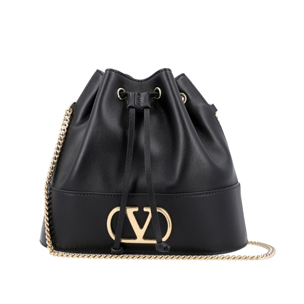 VALENTINO Black Leather Drawstring Chain Bucket Shoulder Bag Women