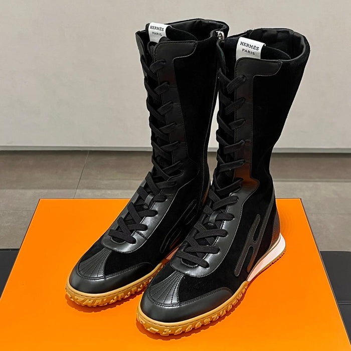 HERMES Black Suede Calfskin Lace-Up High-Top Sneakers