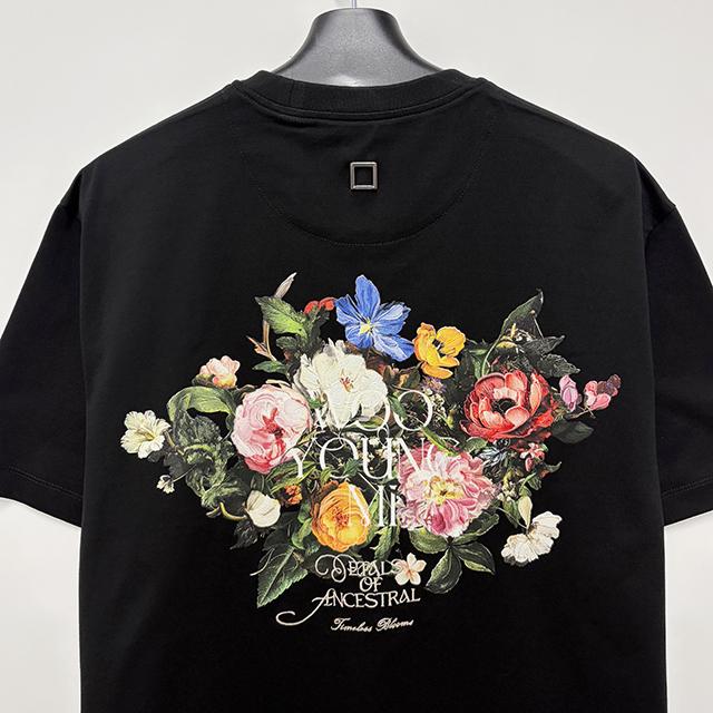 WOOYOUNGMI Black Flower Back Logo Short Sleeve T-Shirt