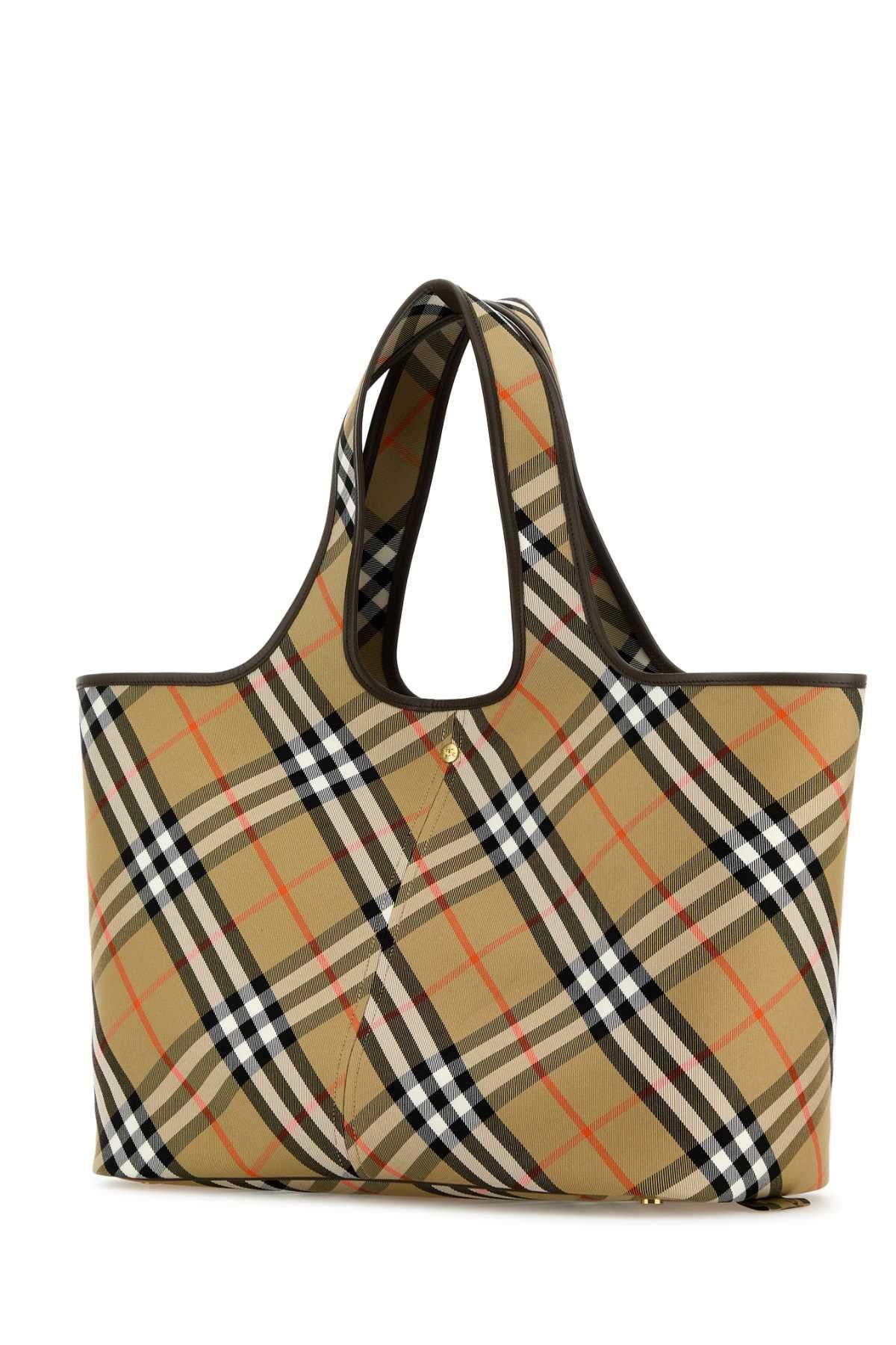BURBERRY Leather Check Tote Bag Black Beige
