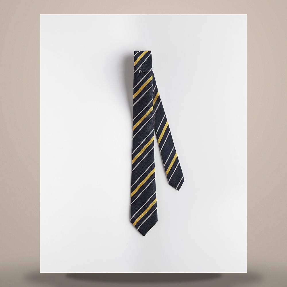 DIOR Men's Silk Regimental Stripe Tie Navy Blue Yellow Light G 68C1047B6055 C582