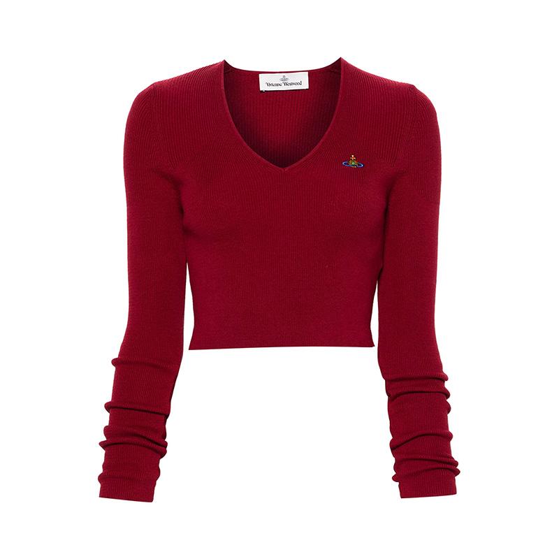 Vivienne Westwood Bea Cropped V-Neck Knit Sweater Wine 1803004W Y001V I409
