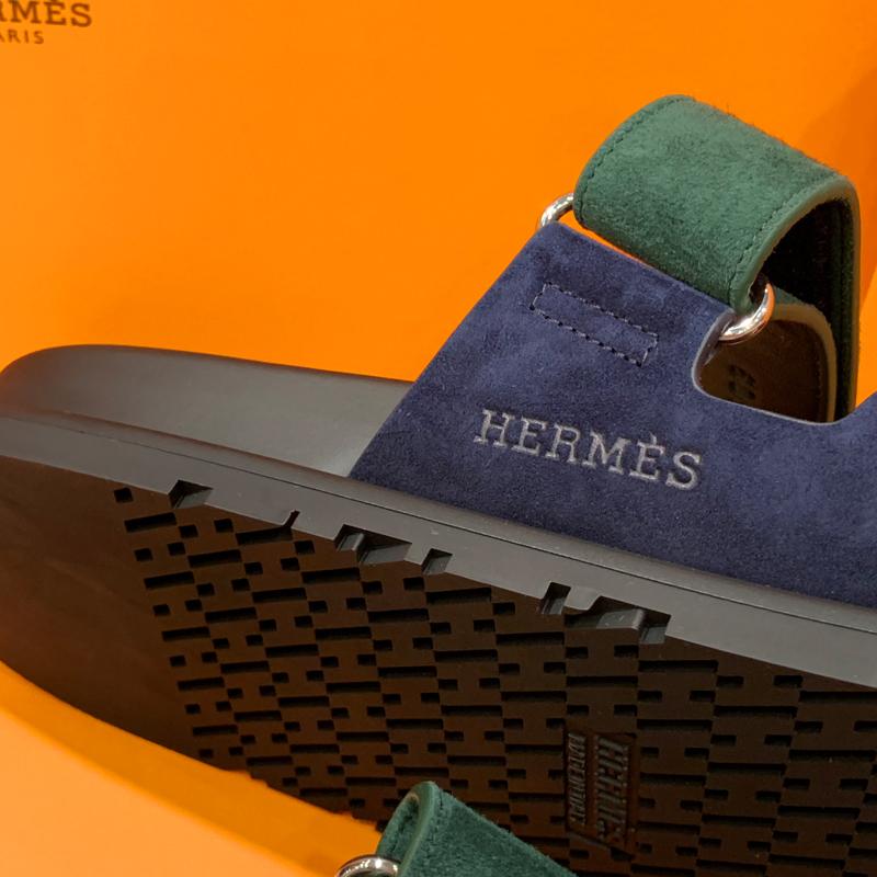 HERMES Men’s Chypre Suede Calfskin Green Blue Two-Tone Sandals