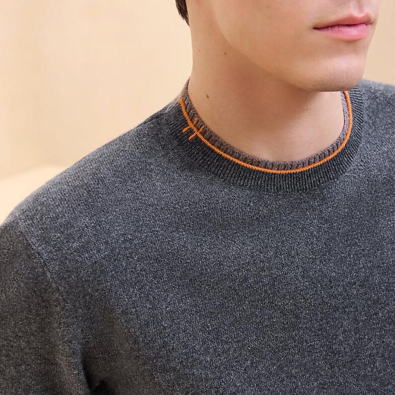 HERMES Double Coat H Cashmere Knit Sleeve Crewneck Sweater Charcoal