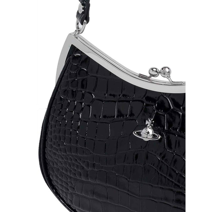 Vivienne Westwood Charm Frame Pearls Tote Bag Black Leather