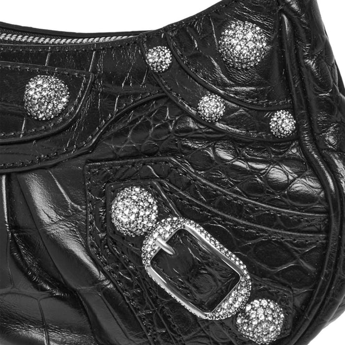 BALENCIAGA Le Cagole Crocodile-Embossed Shoulder Bag Black