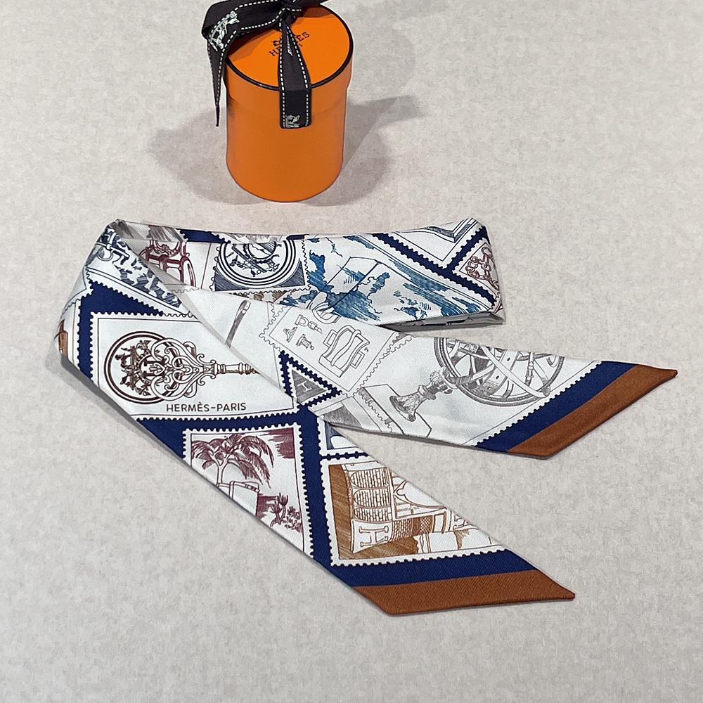 HERMES Silk Petit Le Philateliste du Faubourg Scarf White Navy