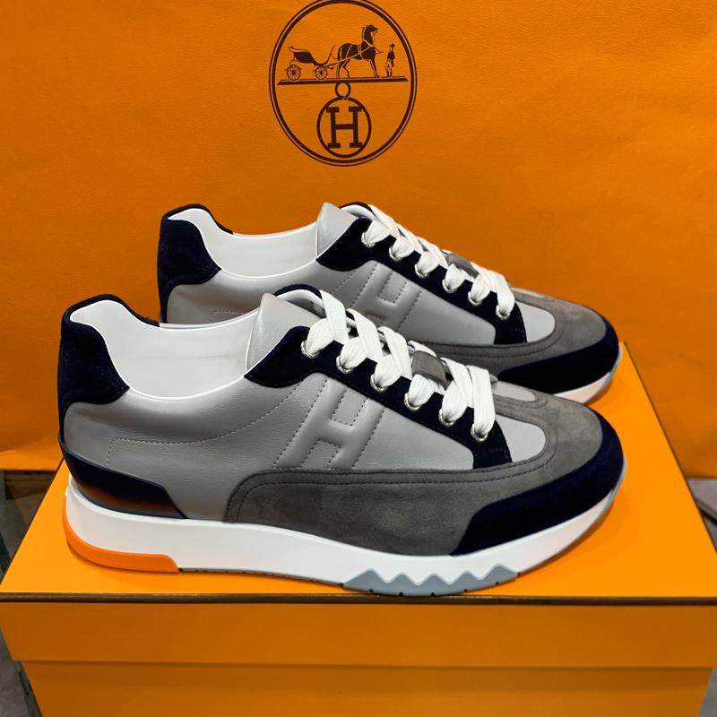 HERMES Navy Gray Calfskin Trail Low-Top Sneakers for Men