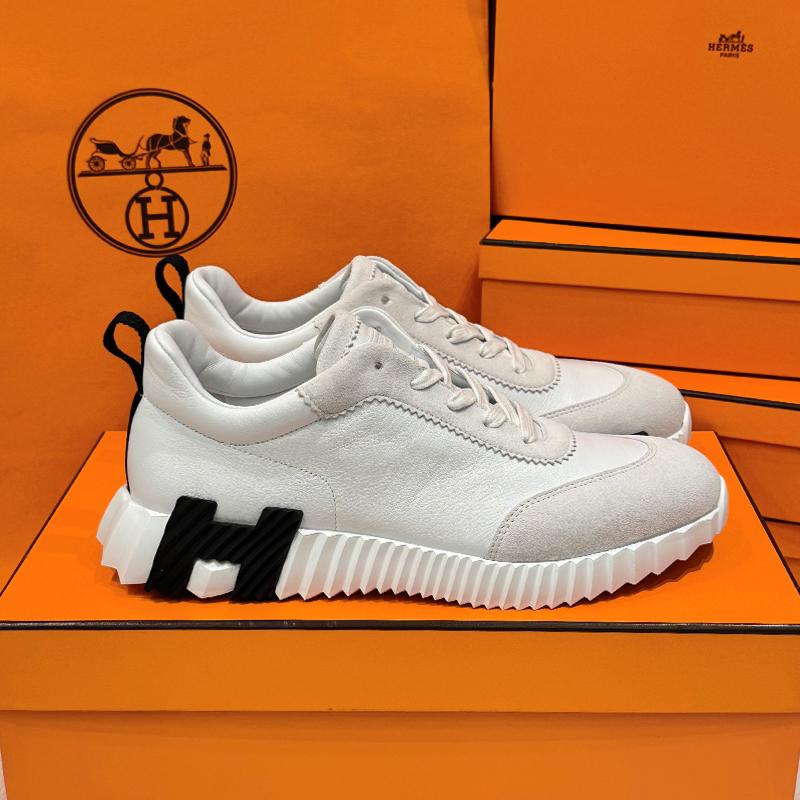 HERMES White Leather Bouncing Low-Top Sneakers with Black H Logo